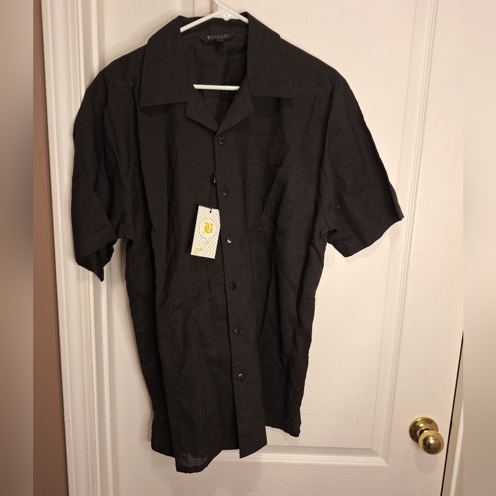 NWT/ BAGAZIO / BLACK/ MEDIUM/ MEN'S BUTTON DOWN SHORT SLEEVE SHIRT